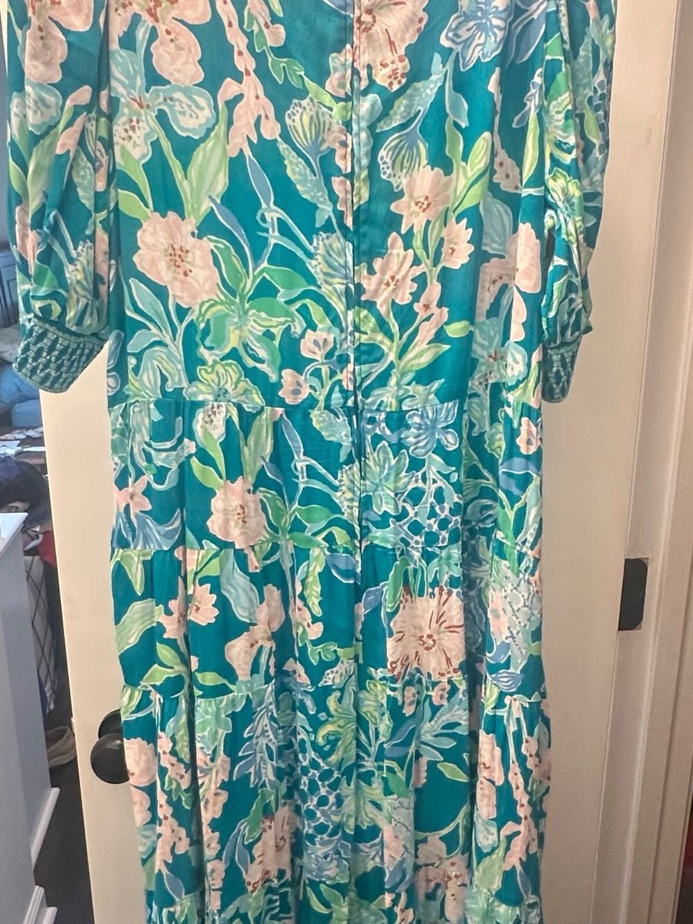 Lilly Pulitzer Teal Floral Midi Dress with Pink and Green Accents - Picture 2 of 2